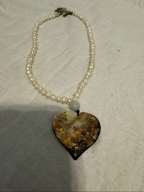 Pearl Necklace with Heart Floral Pendant - White